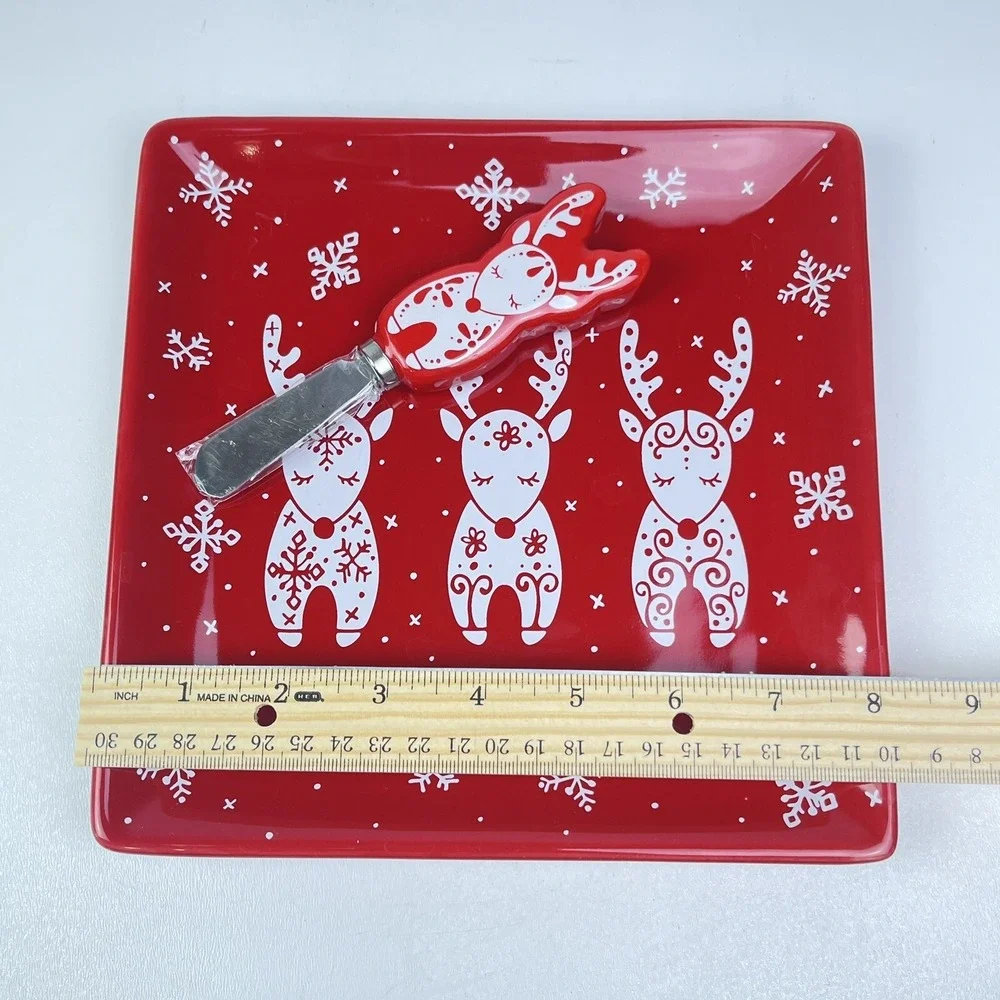 TempTations By Tara Serving Holiday Square Charcuterie Plate Cheese Knife Set